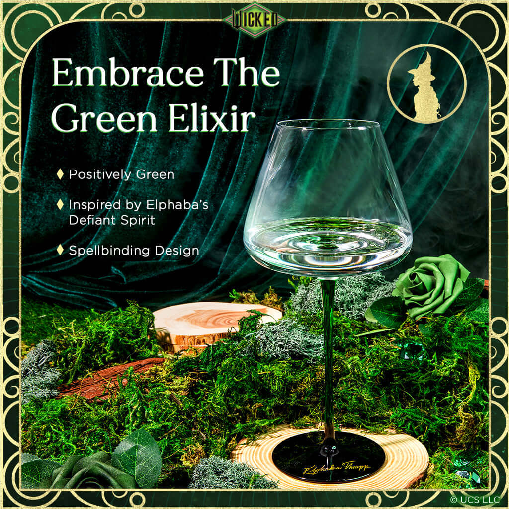 Wicked wine glasses set includes two fancy glasses inspired by Elphaba's spirit and featuring a spellbinding design for wine lovers.