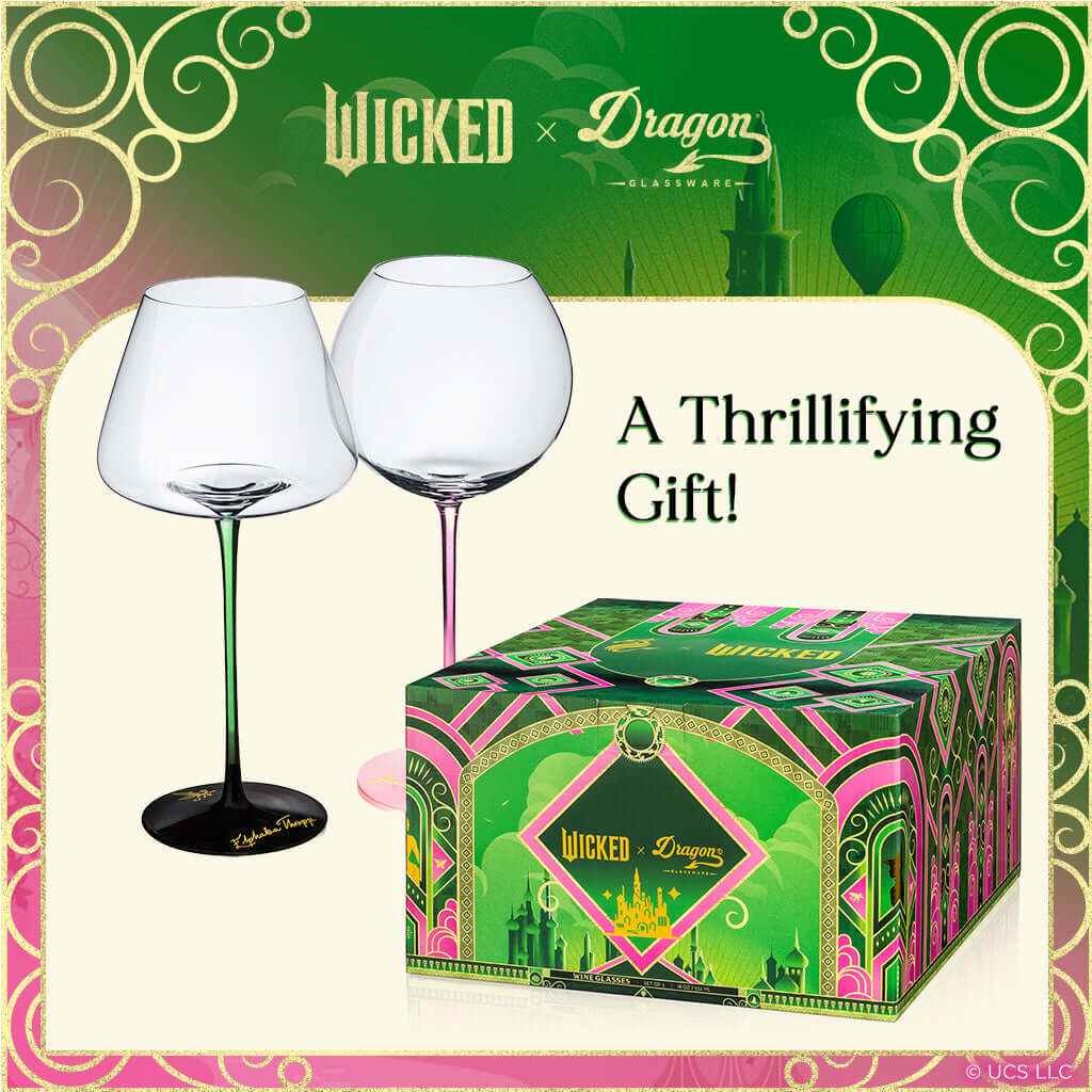 Wicked wine glasses set includes two fancy glasses in gift packaging with a vibrant design.