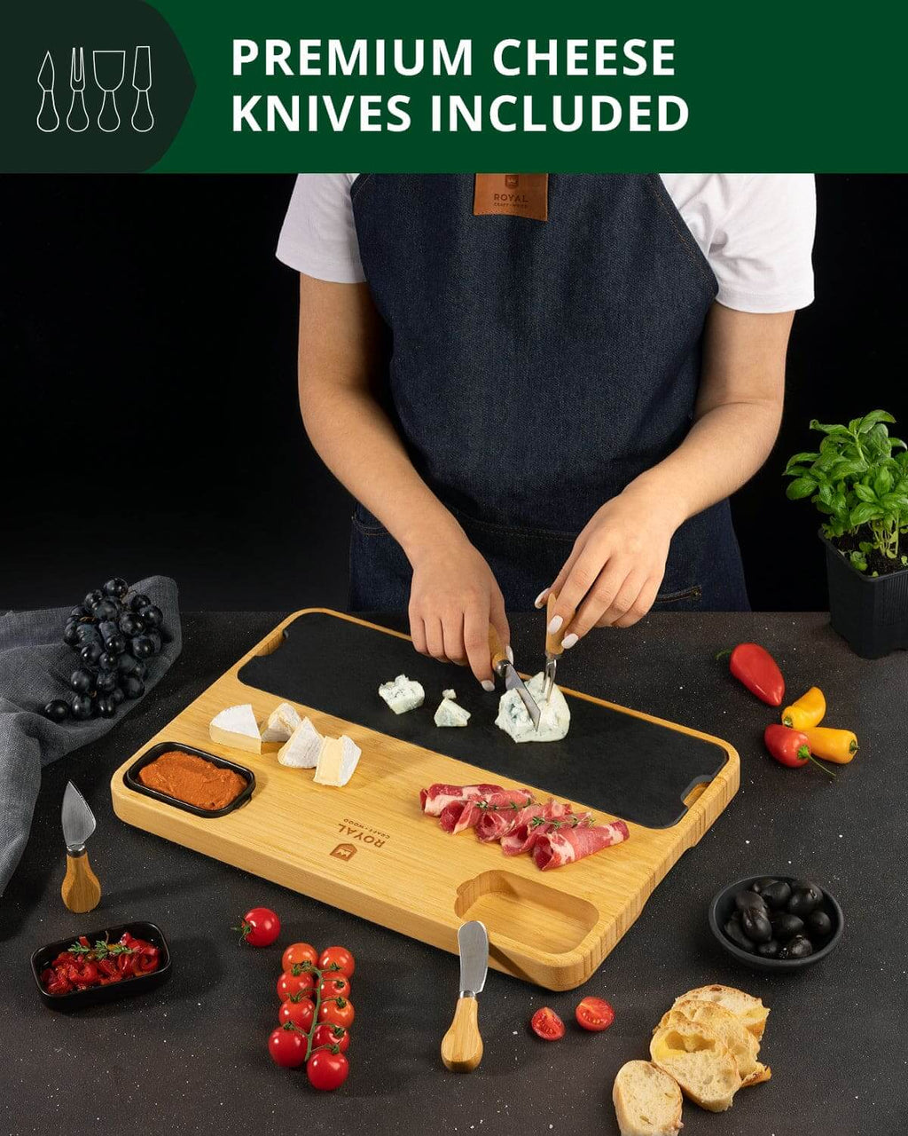 Acacia Cheese Board with Slate Plate - Wine Drop Cookery LLC