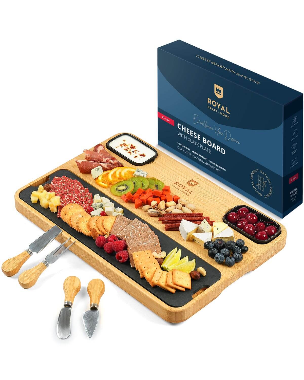 Acacia Cheese Board with Slate Plate - Wine Drop Cookery LLC