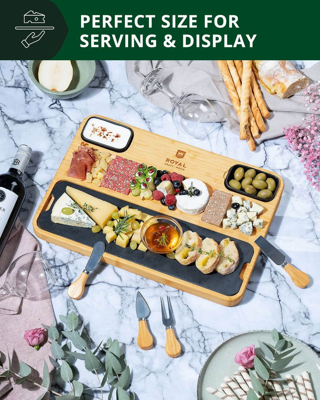 Acacia Cheese Board with Slate Plate - Wine Drop Cookery LLC