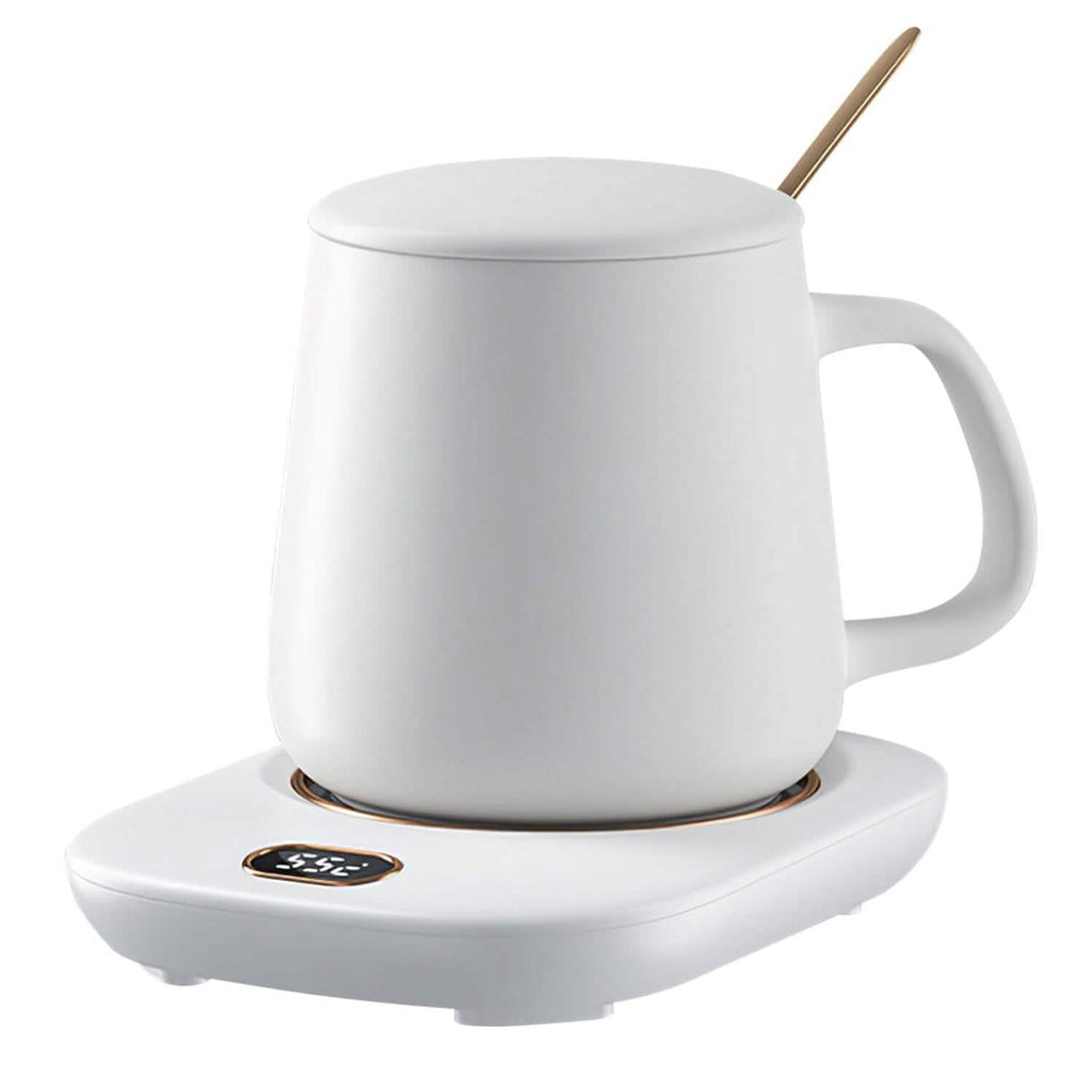 USB Coffee Mug Warmer, 3 Temperature Settings, 8-Hour Auto Shut-Off, shown with a mug - Wine Drop Cookery LLC