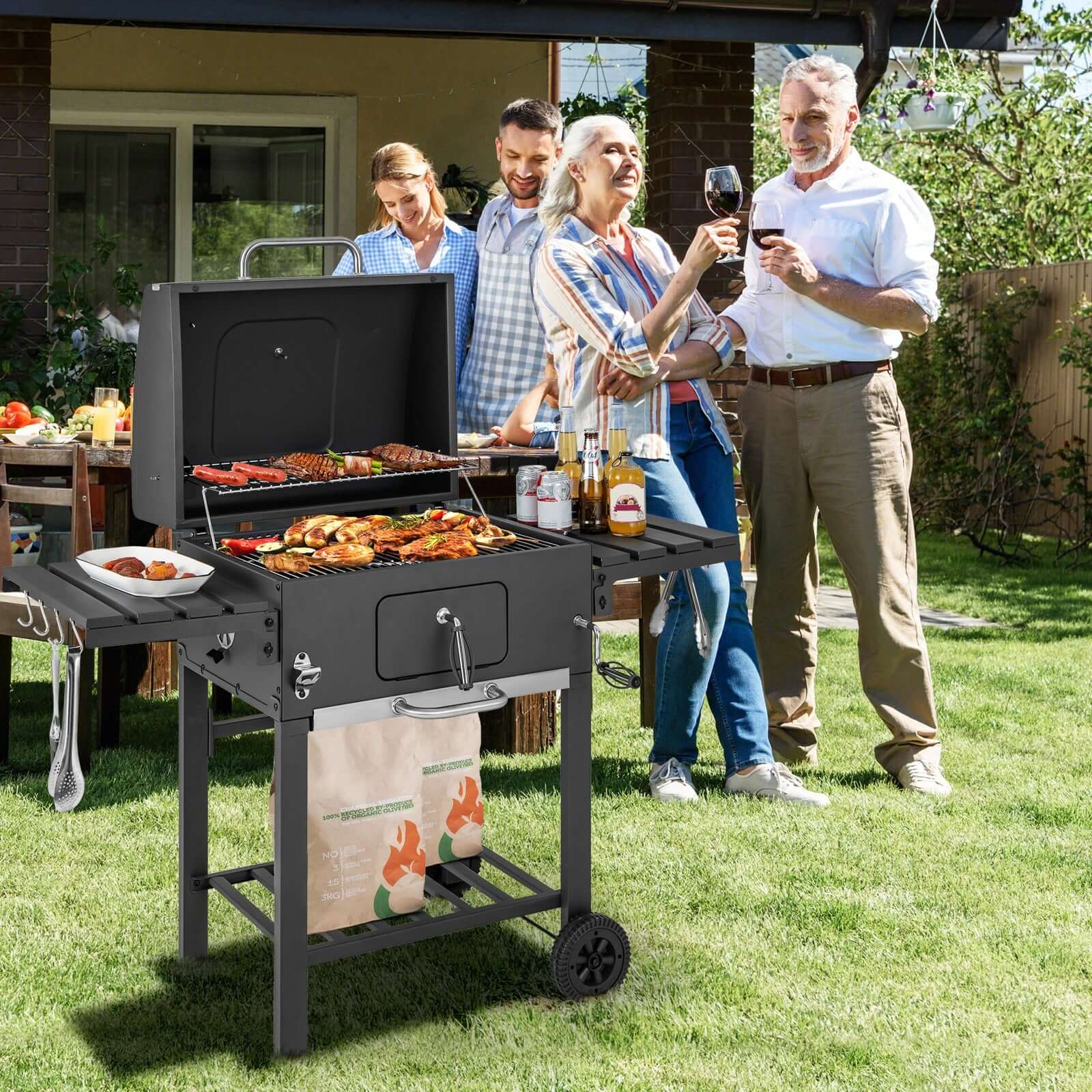 BBQ Charcoal Grill with 2 Foldable Side Tables - Wine Drop Cookery LLC