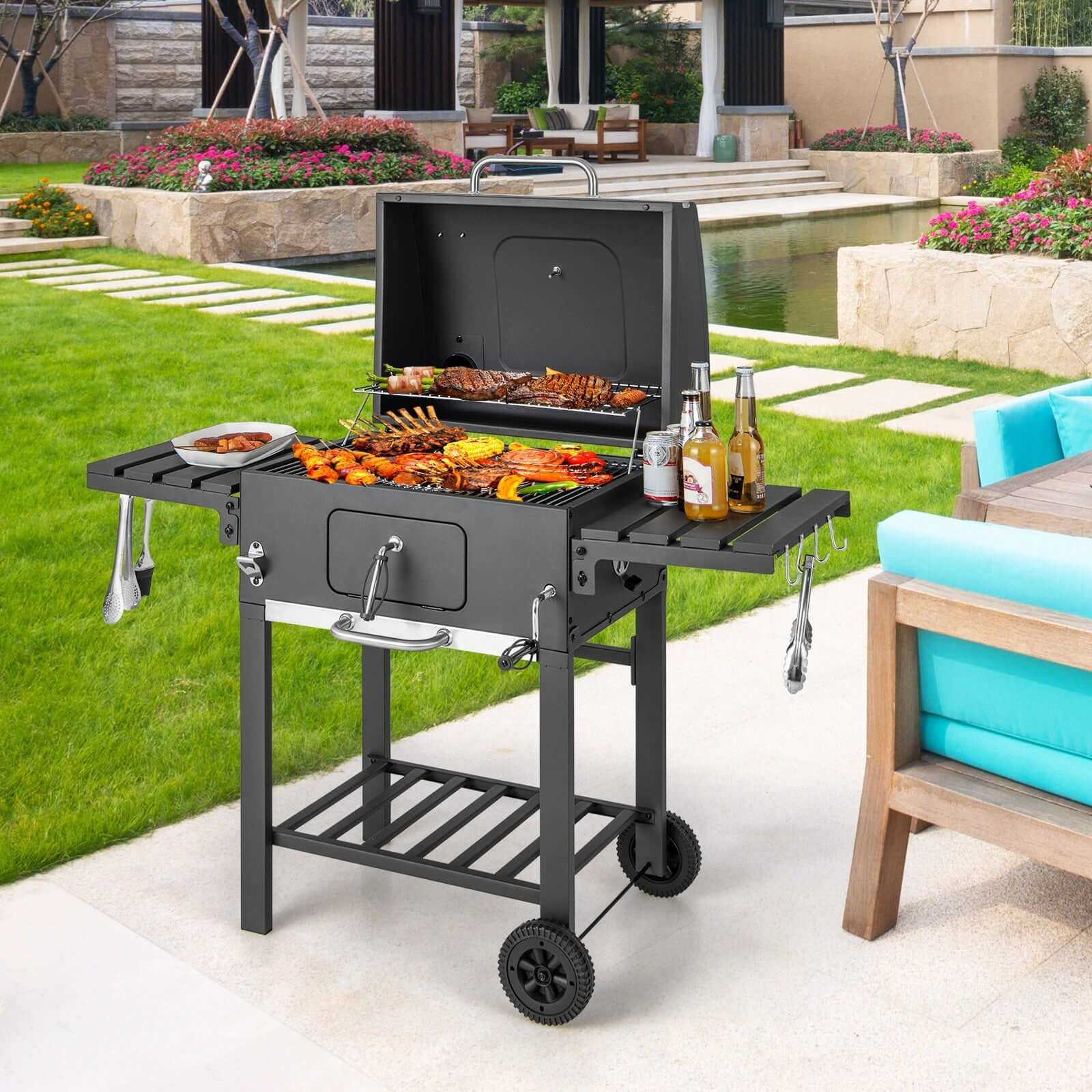 BBQ Charcoal Grill with 2 Foldable Side Tables - Wine Drop Cookery LLC