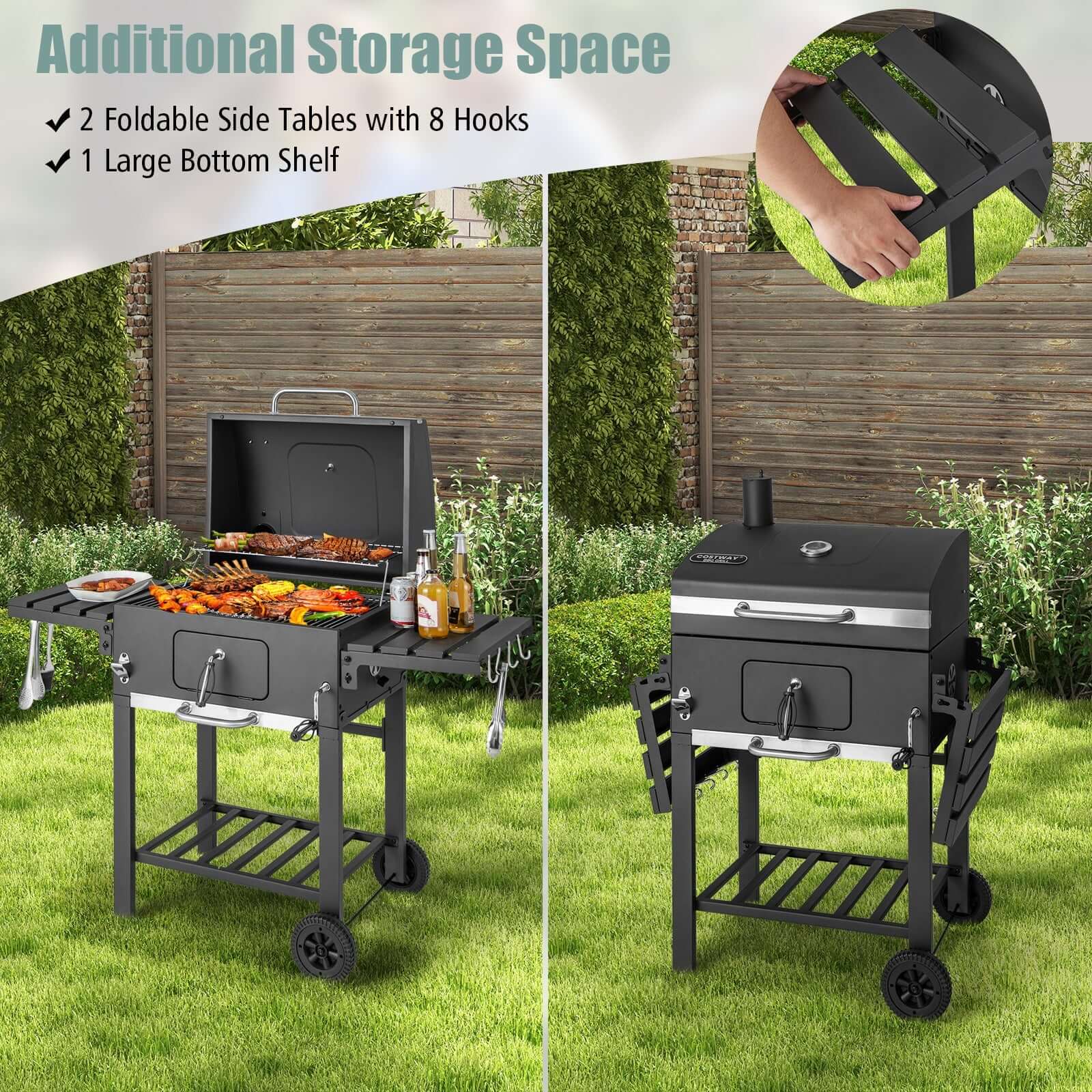 BBQ Charcoal Grill with 2 Foldable Side Tables - Wine Drop Cookery LLC