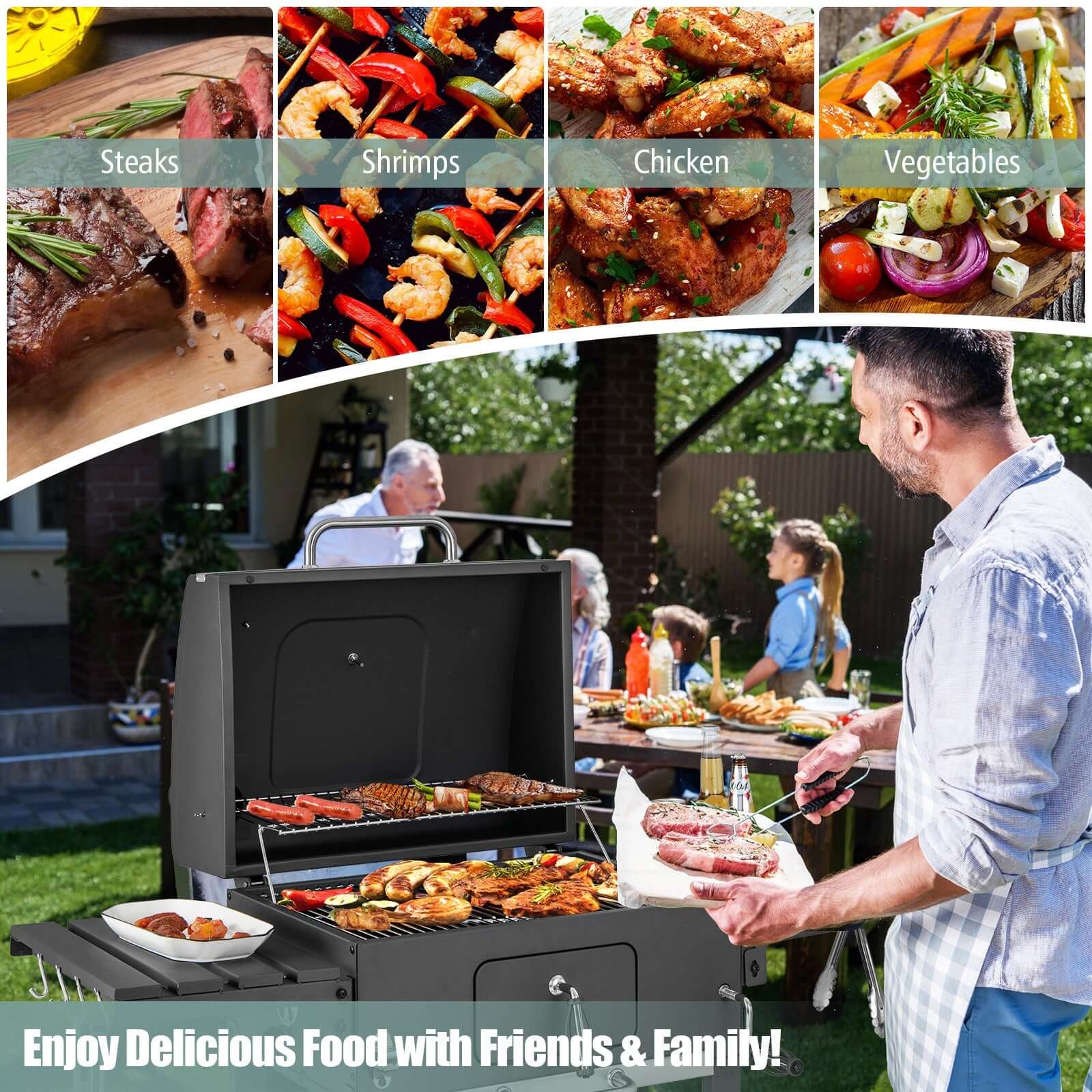 BBQ Charcoal Grill with 2 Foldable Side Tables - Wine Drop Cookery LLC