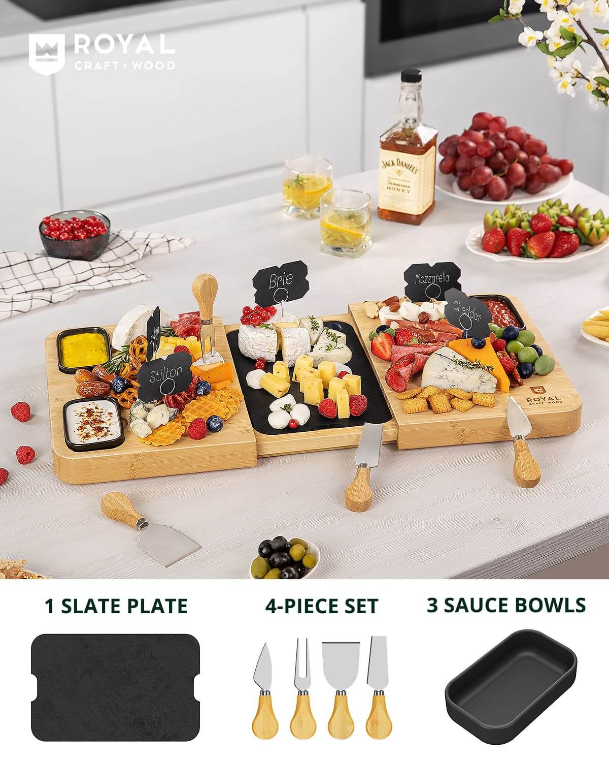 Cheese Board with Slate Plate and Serving Utensils - Wine Drop Cookery LLC