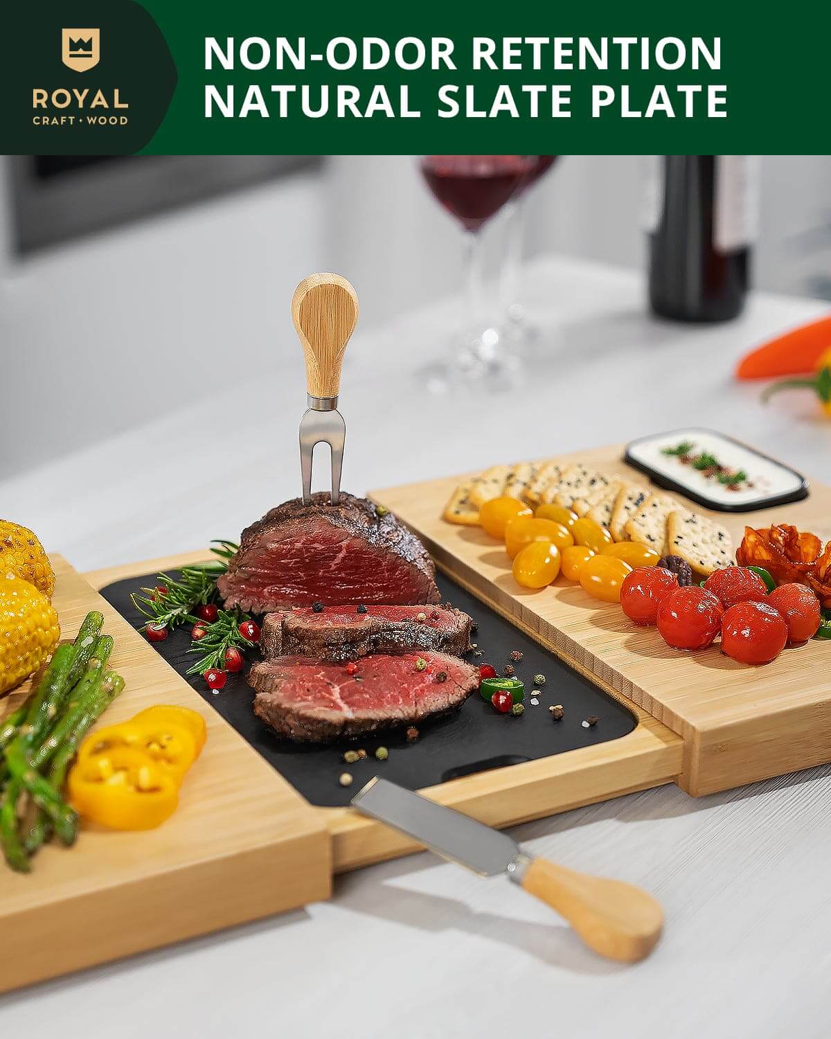 Cheese Board with Slate Plate and Serving Utensils - Wine Drop Cookery LLC
