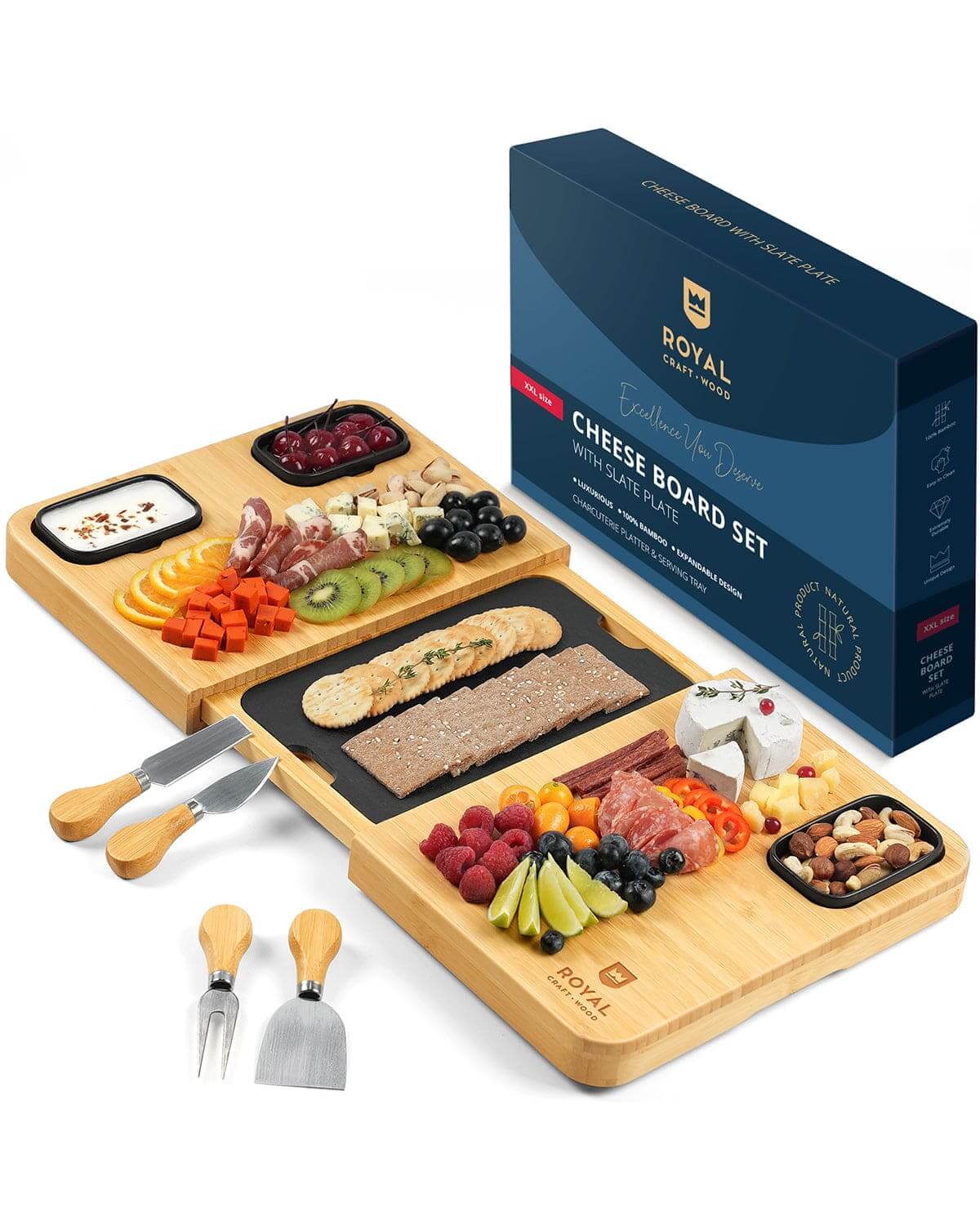 Cheese Board with Slate Plate and Serving Utensils - Wine Drop Cookery LLC