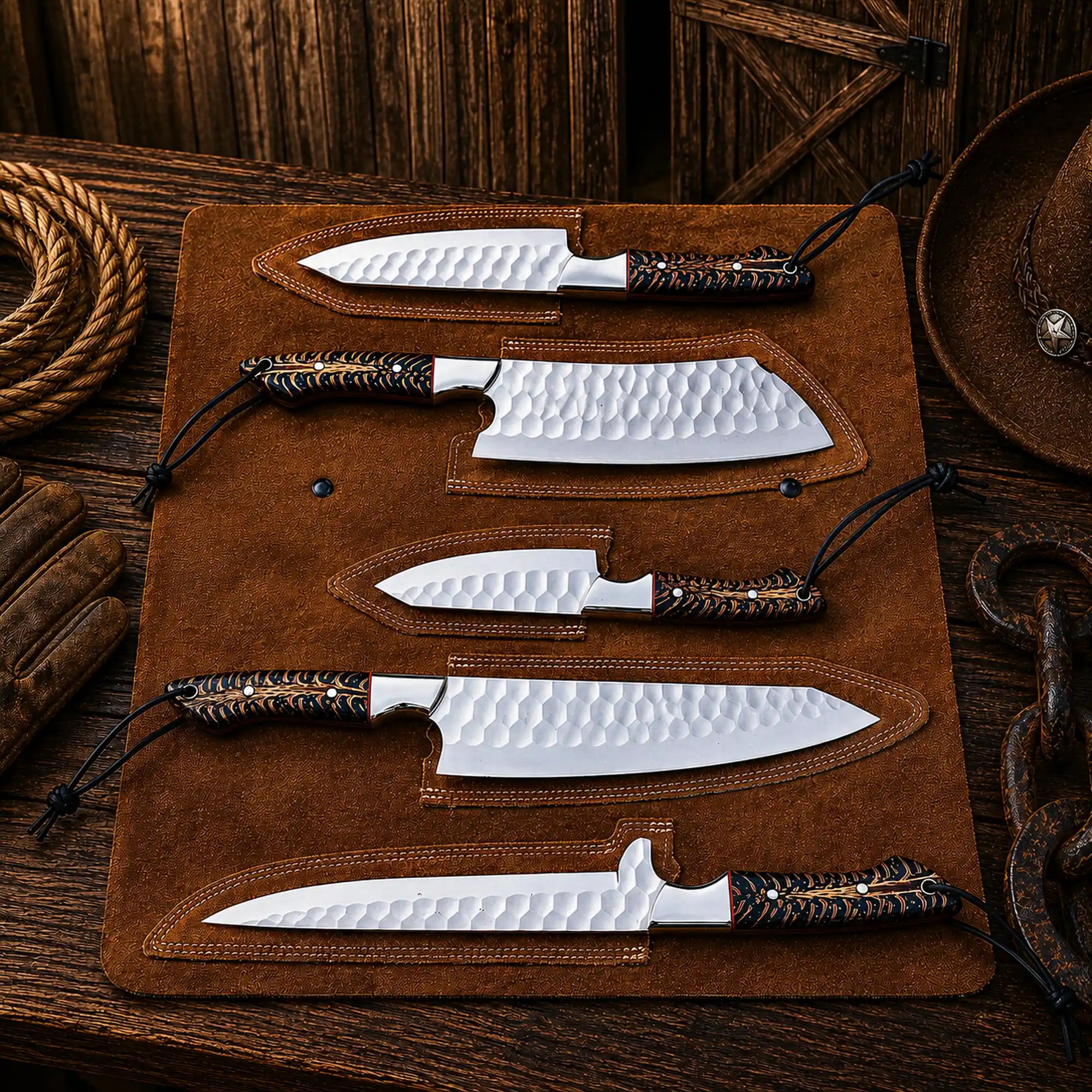 Cone Back Handles D2 Steel Chef Knife Set Leather Roll Kit