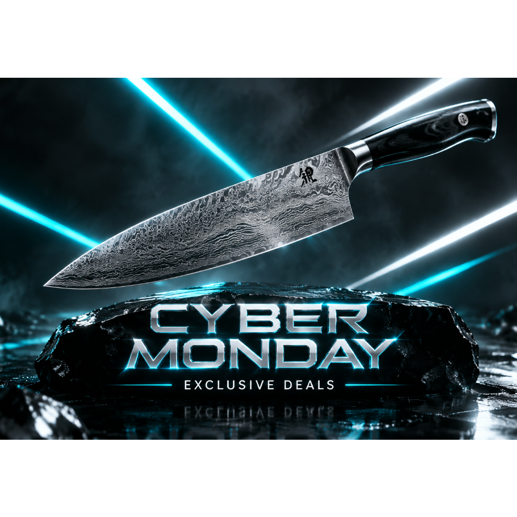 A large chef's knife with a patterned steel blade and black handle floating above a dark reflective surface with the text 'CYBER MONDAY EXCLUSIVE DEALS' and glowing blue light beams in the background.