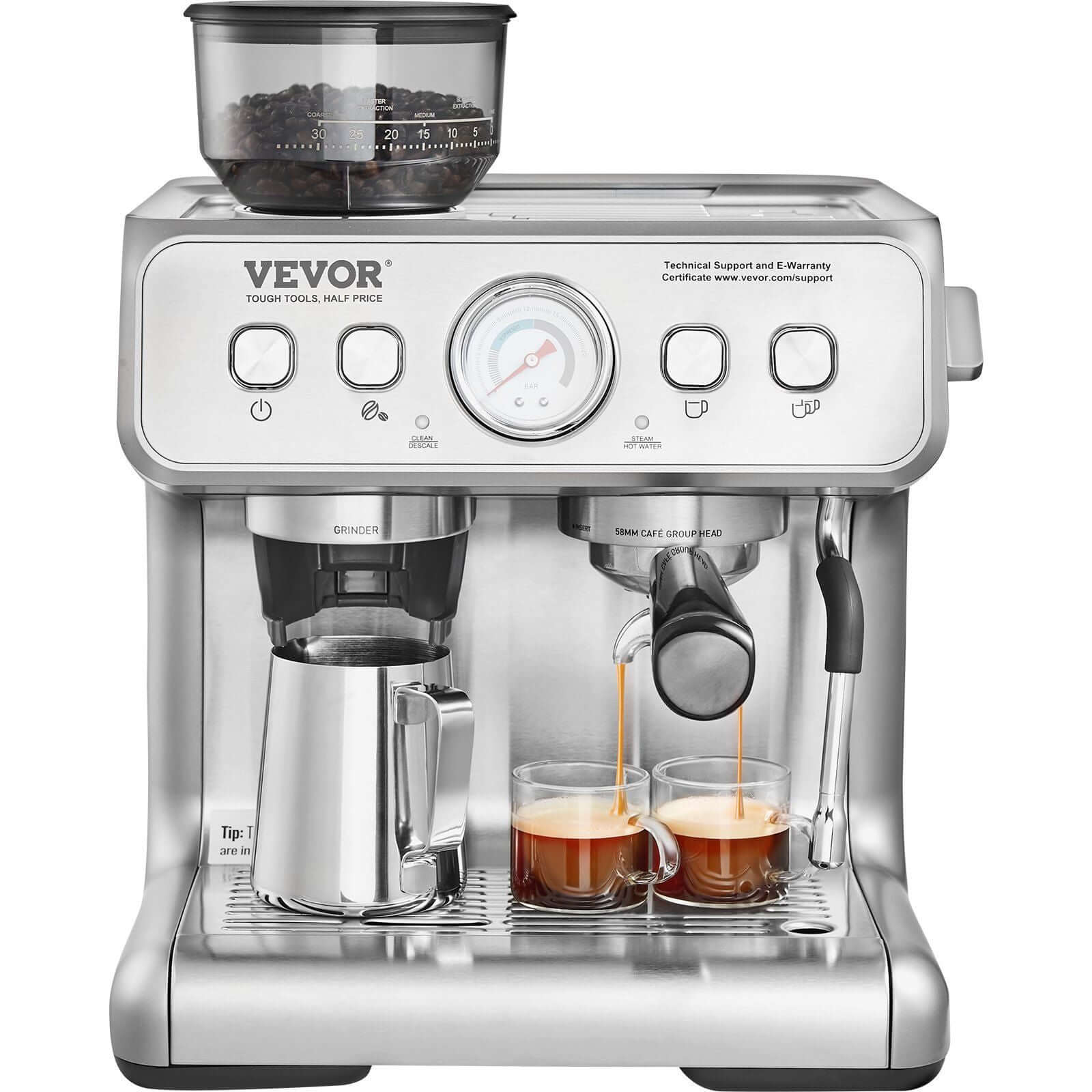 15 Bar Espresso Machine with Grinder & Milk Frother displaying built-in grinder and dual coffee output.