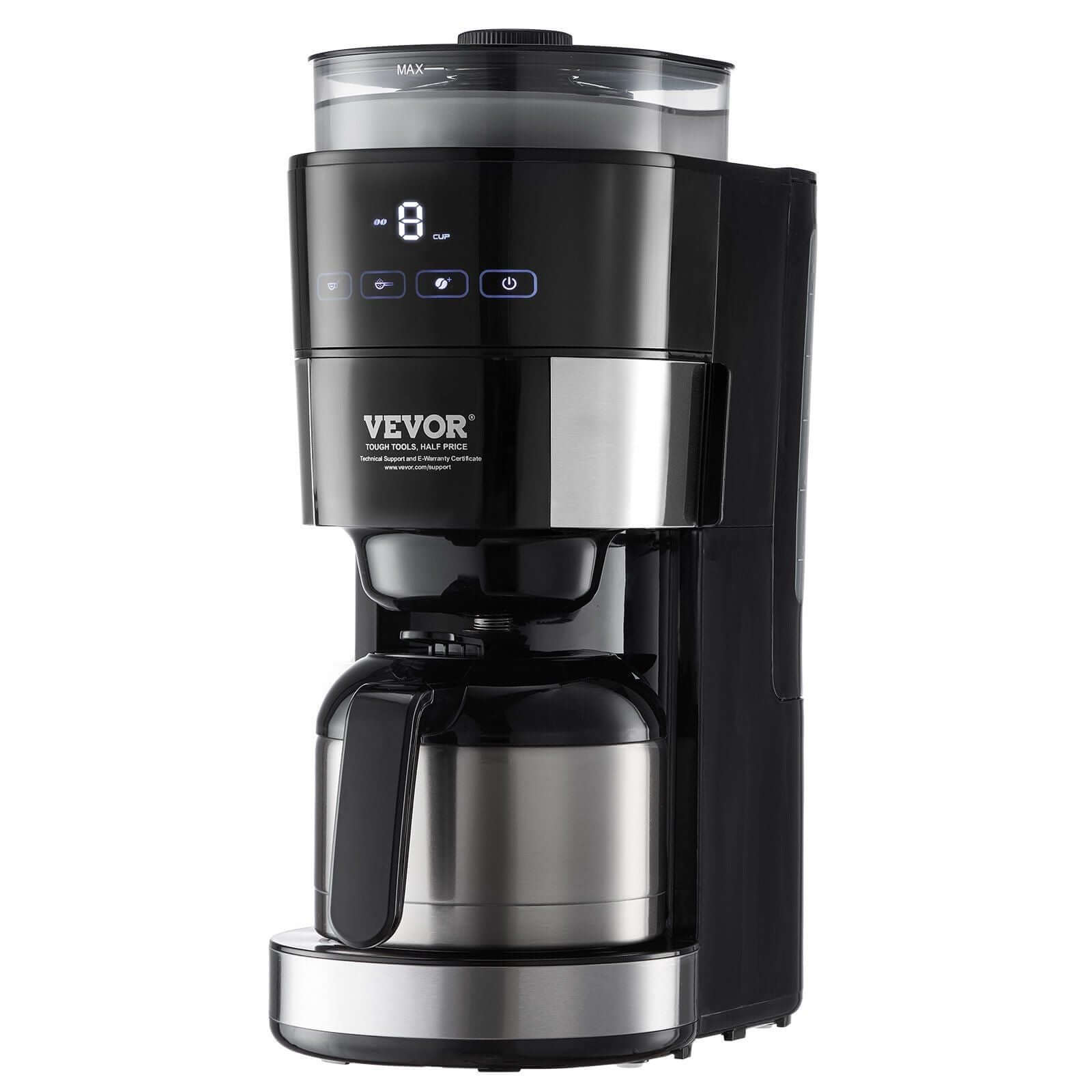 8-cup drip coffee maker with brew strength control and innovative grinding component for fresh coffee.