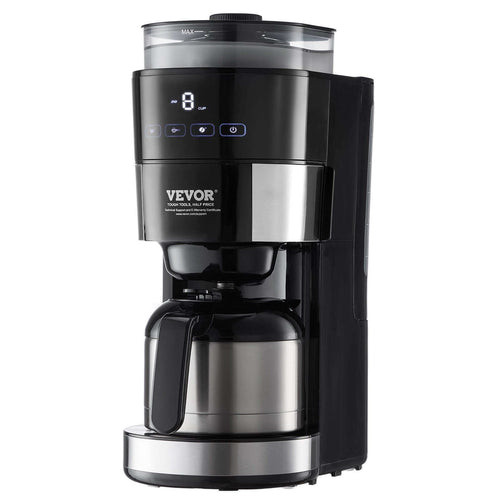 8-cup drip coffee maker with brew strength control and innovative grinding component for fresh coffee.