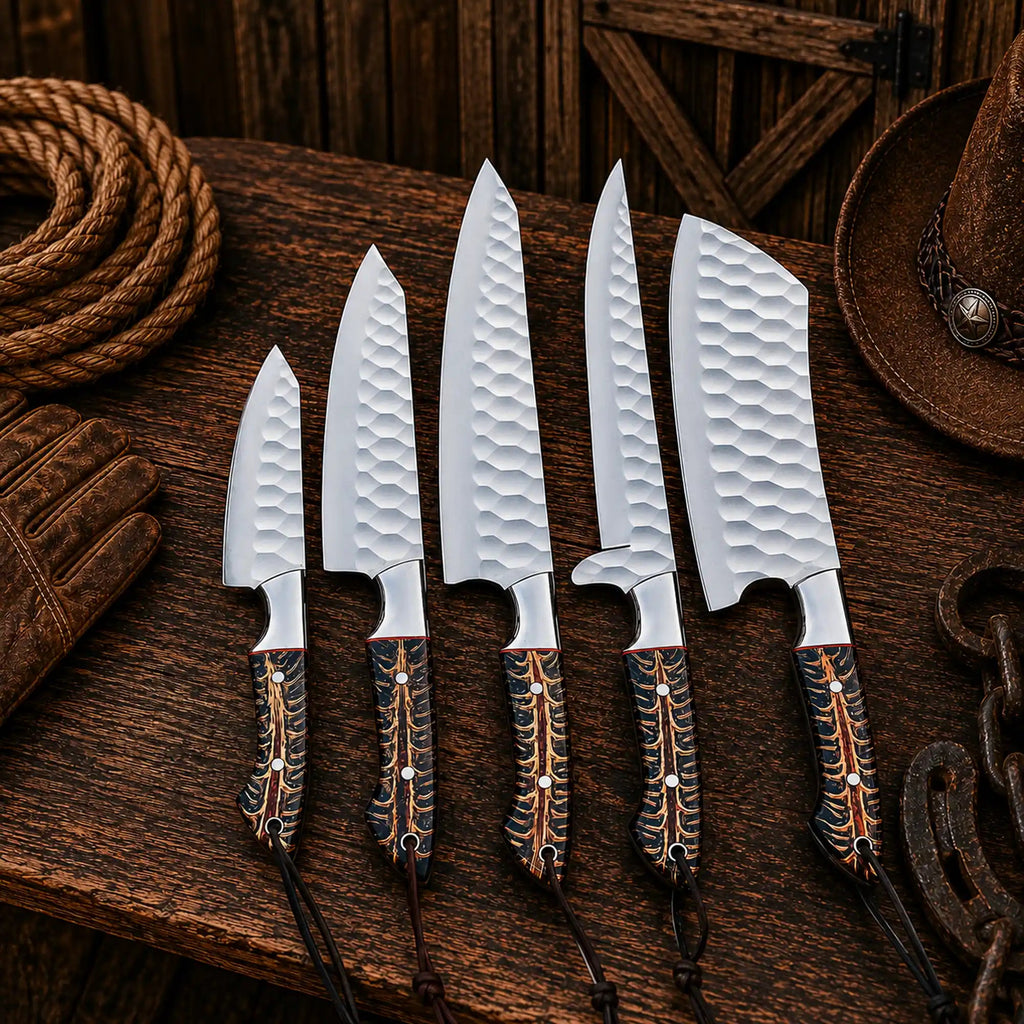 D2 Steel Chef Knife Set with Cone Back Handles and Leather Roll - Wine Drop Cookery LLC
