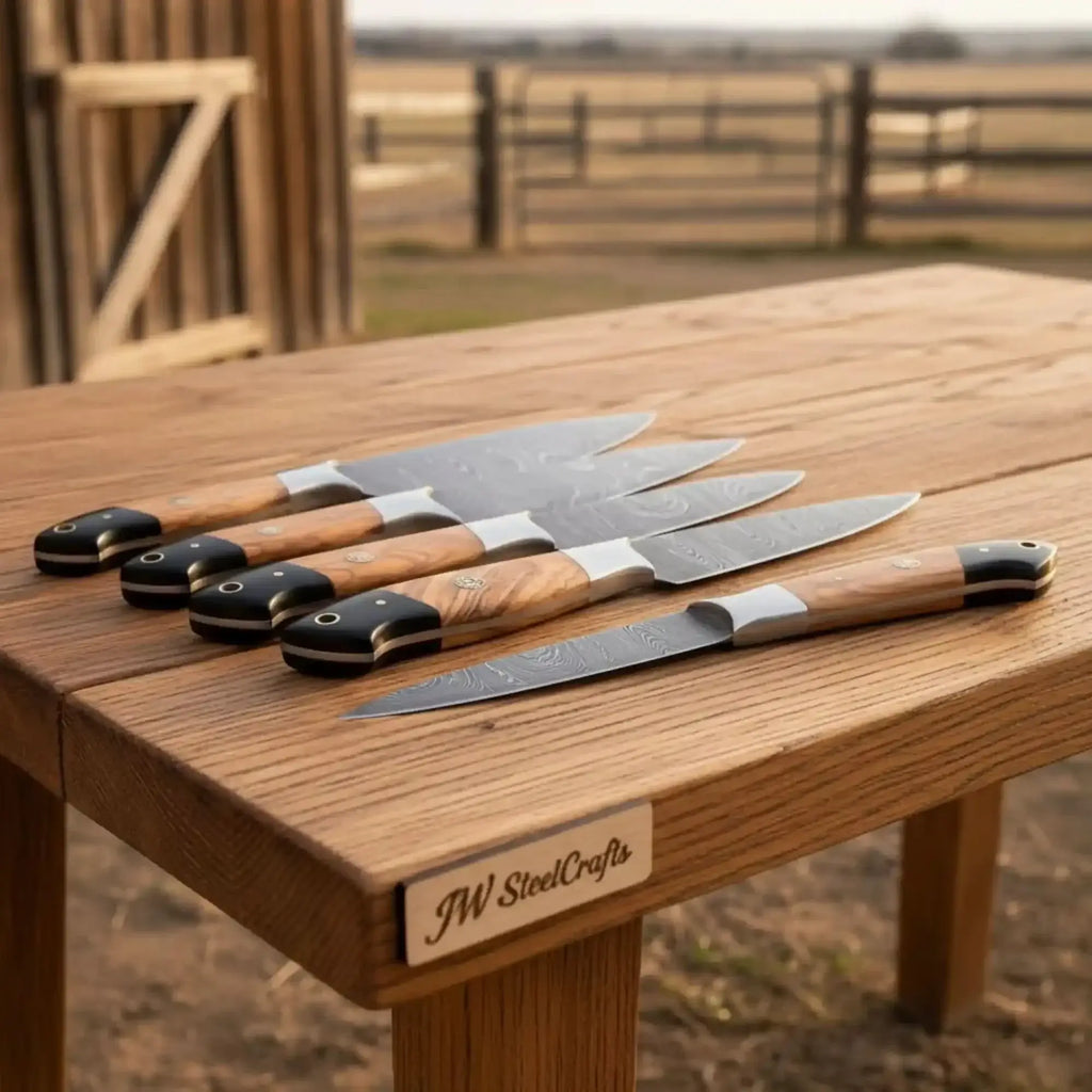 8-Piece Damascus fillet knife set displayed on a wooden table with olive wood and black resin handles.