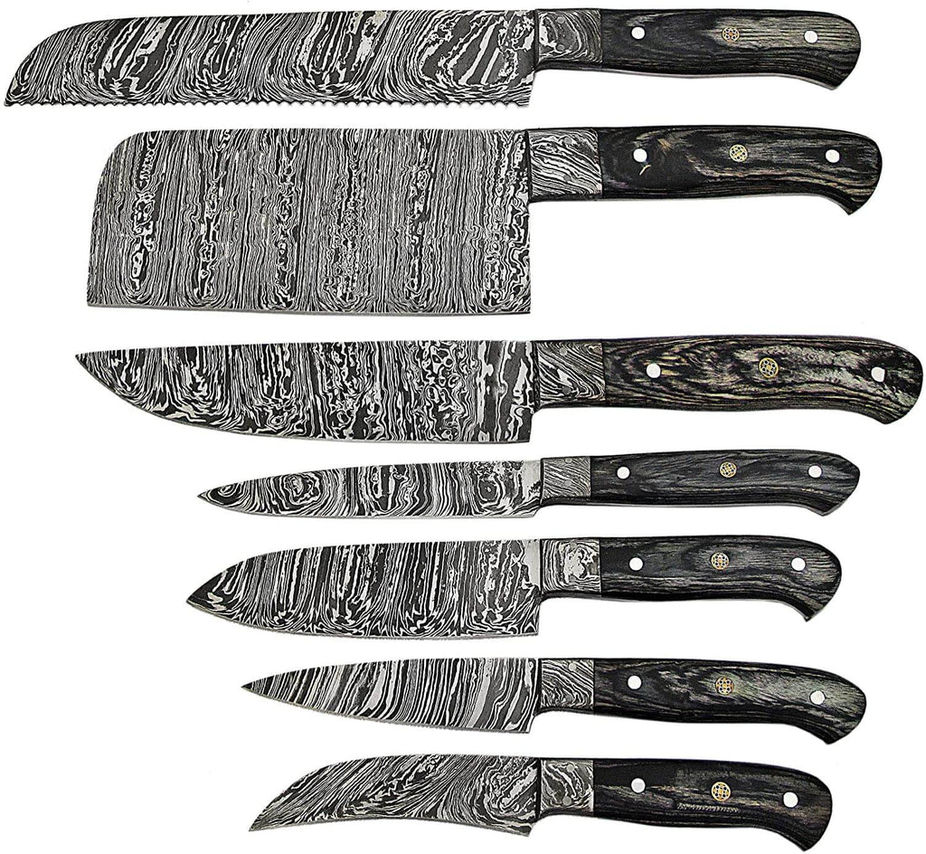 Damascus Knife Set, Black Wood Handles with Bolsters, 8.5 to 13 Inch - Wine Drop Cookery LLC