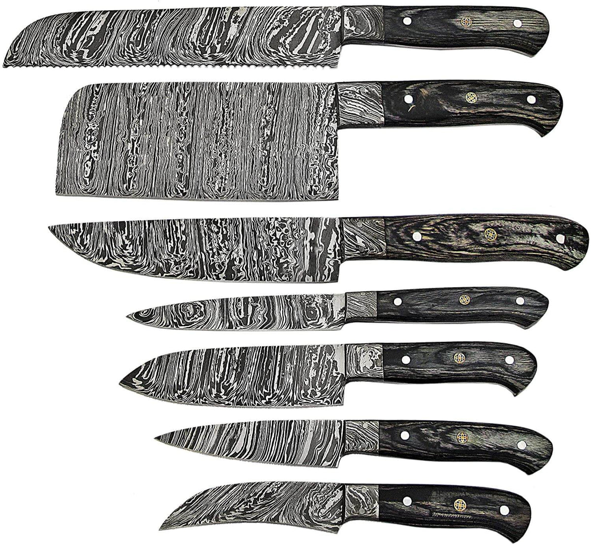 Damascus Knife Set, Black Wood Handles with Bolsters, 8.5 to 13 Inch - Wine Drop Cookery LLC