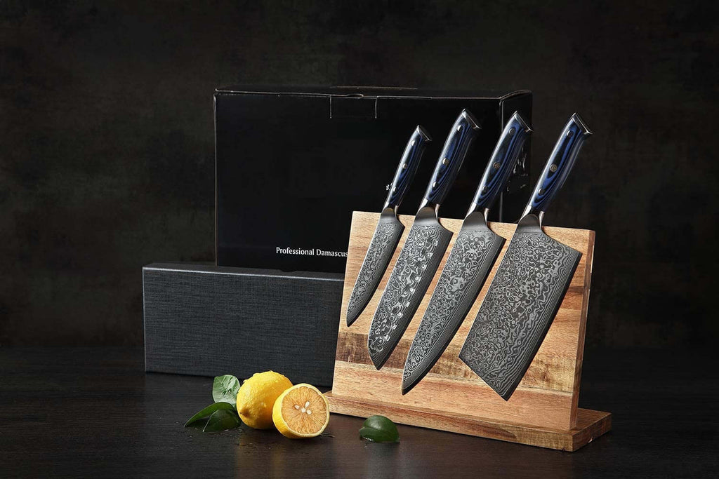 Damascus Knife Set, Blue and Black Micarta Handles, 10 to 13 Inch - Wine Drop Cookery LLC