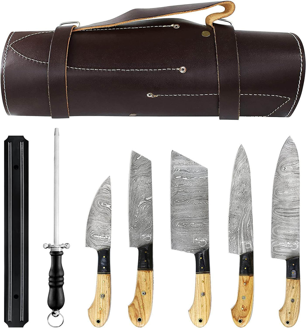 Damascus Knife Set, Olive Wood and G10 Handles, 9 to 13 Inch - Wine Drop Cookery LLC