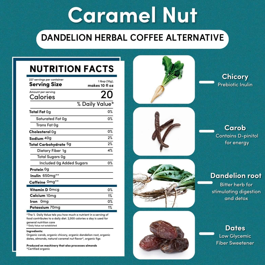 Dandelion Caramel Nut Chicory Herbal Coffee - Wine Drop Cookery LLC