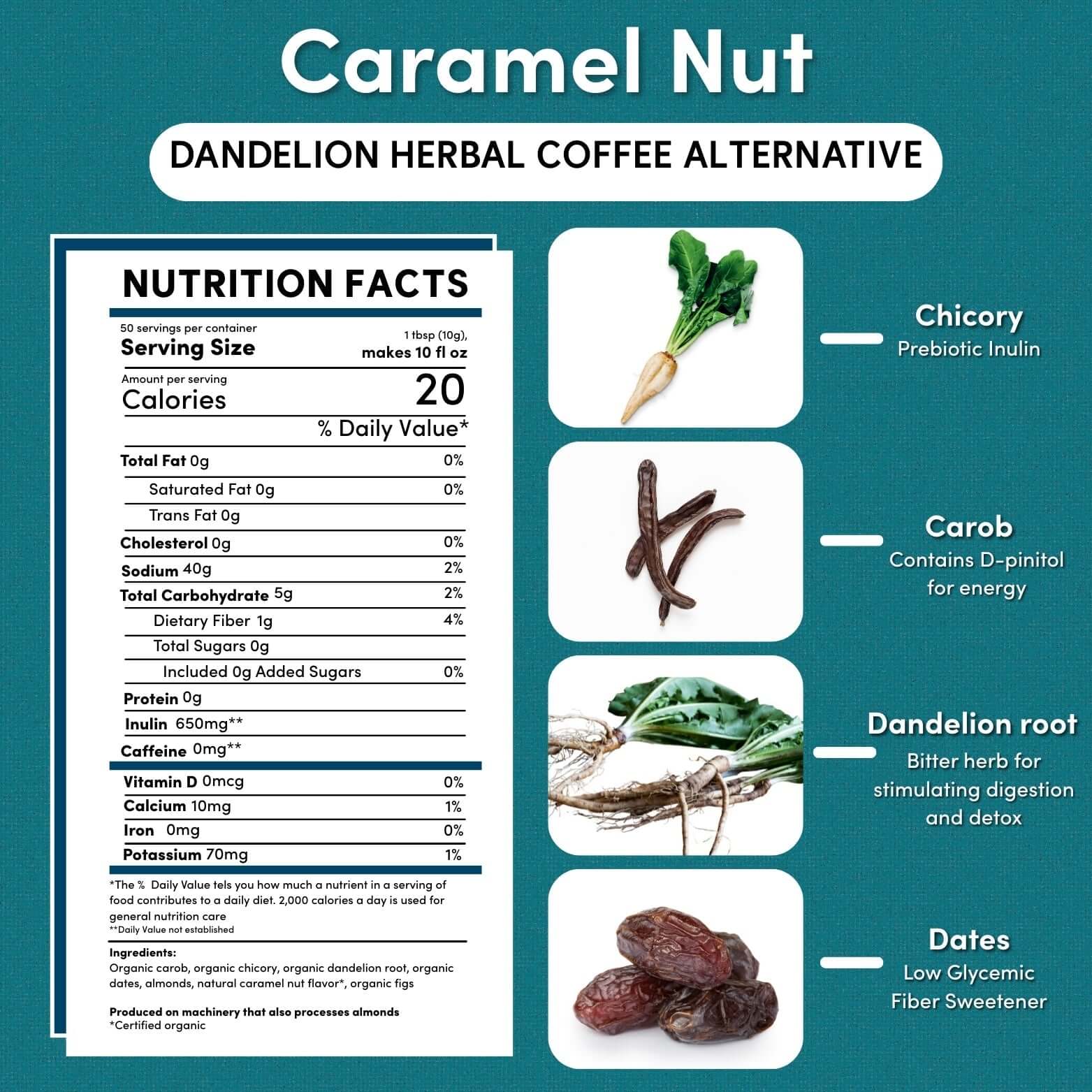 Dandelion Caramel Nut Chicory Herbal Coffee - Wine Drop Cookery LLC