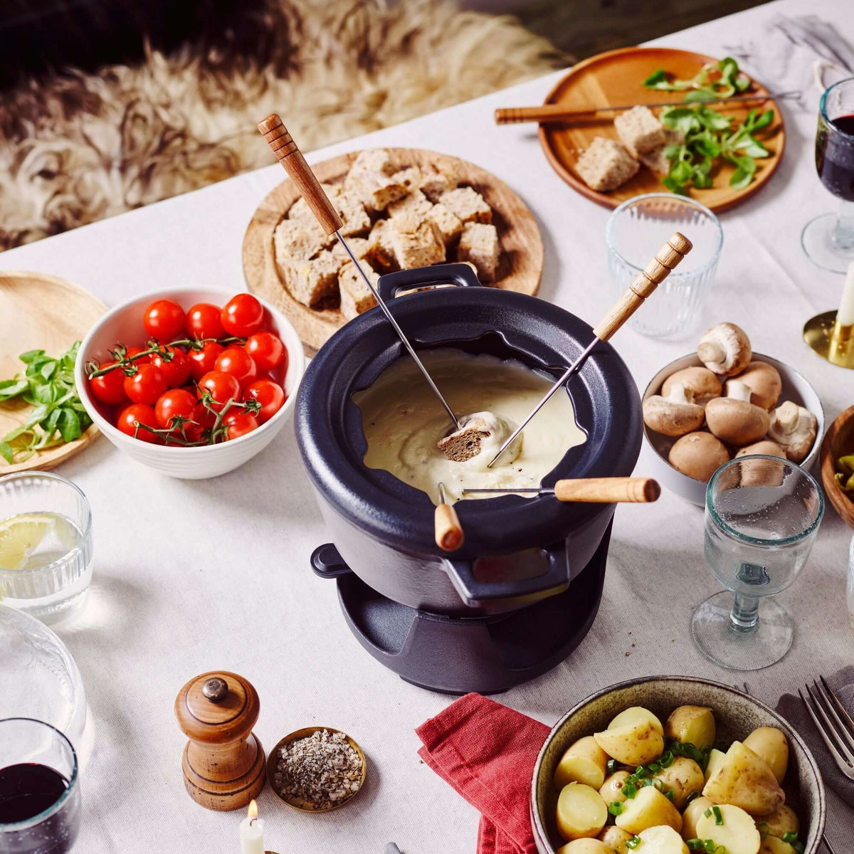 Enameled Cast Iron Fondue Set, 8-Piece, 2-Qt - Wine Drop Cookery LLC