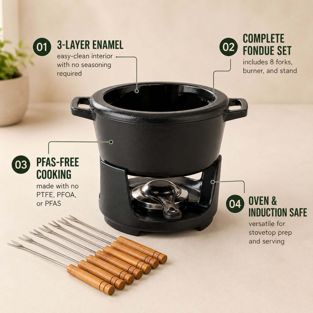 Enameled Cast Iron Fondue Set, 8-Piece, 2-Qt - Wine Drop Cookery LLC