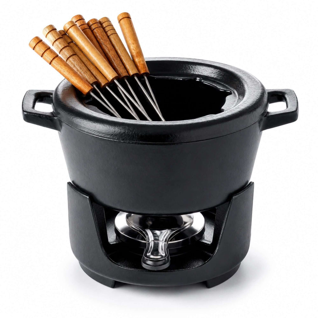 Enameled Cast Iron Fondue Set, 8-Piece, 2-Qt - Wine Drop Cookery LLC