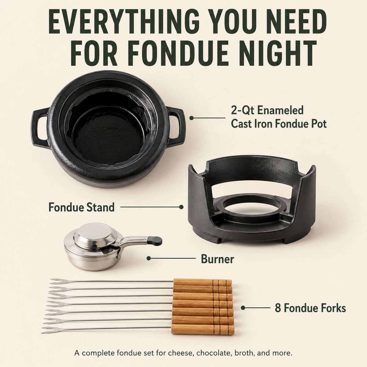 Enameled Cast Iron Fondue Set, 8-Piece, 2-Qt - Wine Drop Cookery LLC
