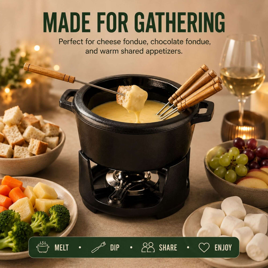 Enameled Cast Iron Fondue Set, 8-Piece, 2-Qt - Wine Drop Cookery LLC