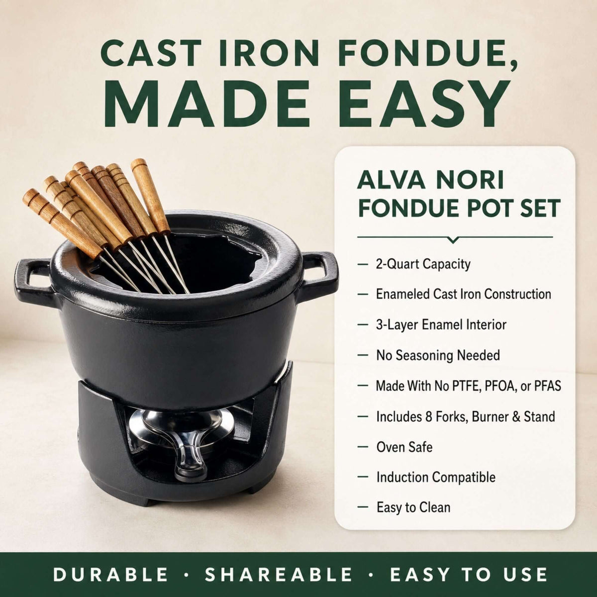 Enameled Cast Iron Fondue Set, 8-Piece, 2-Qt - Wine Drop Cookery LLC