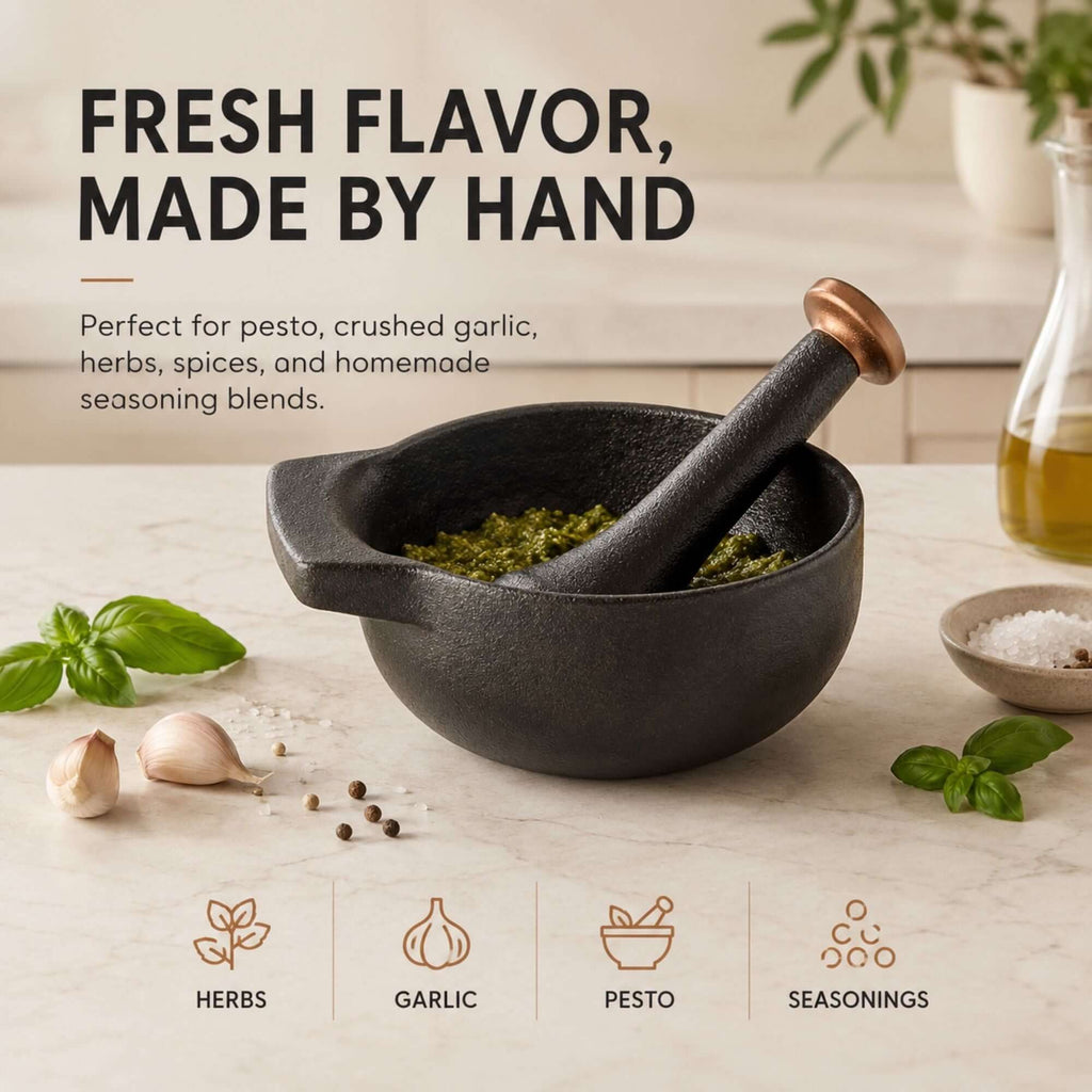 Enameled Cast Iron Mortar & Pestle Set, 2-Cup - Wine Drop Cookery LLC