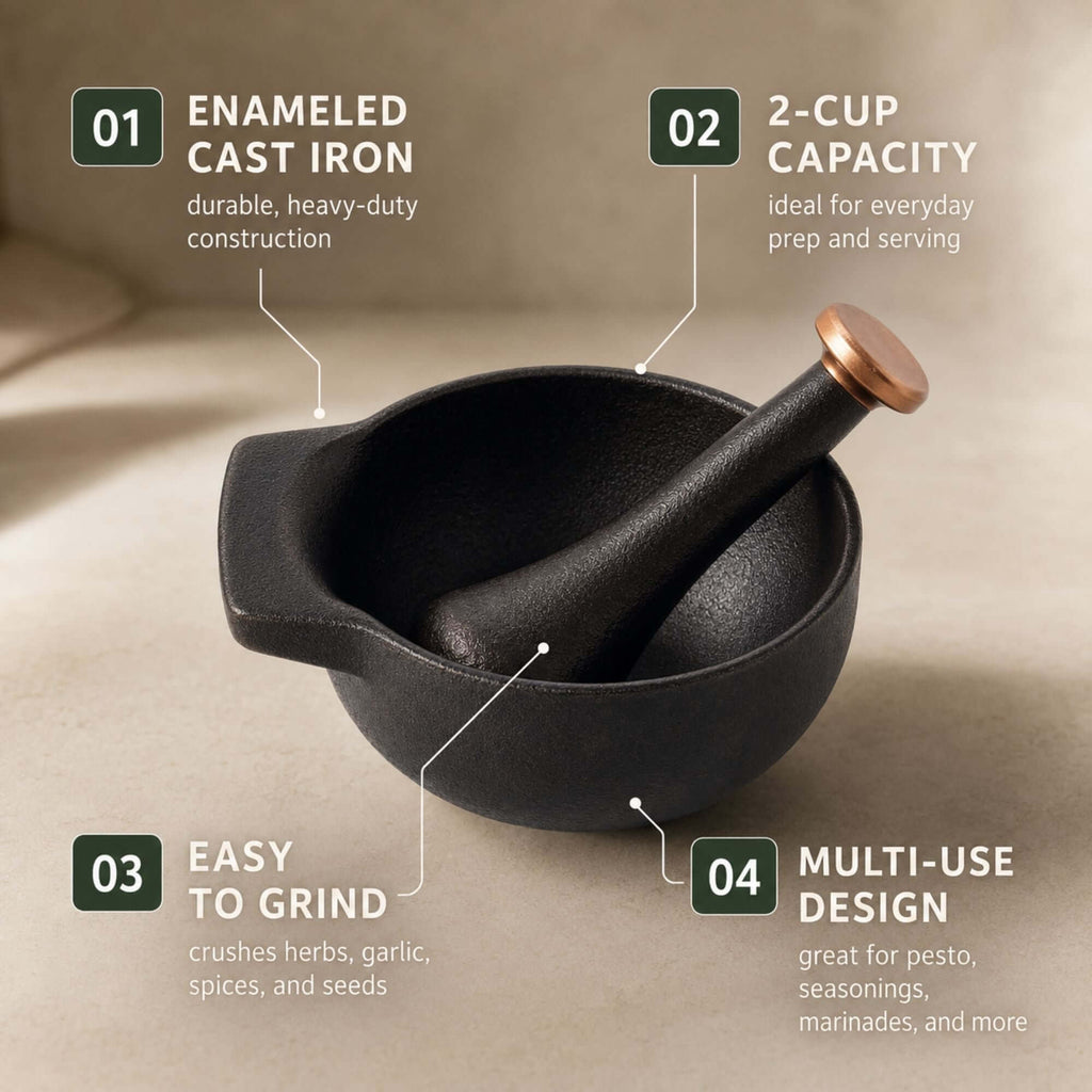 Enameled Cast Iron Mortar & Pestle Set, 2-Cup - Wine Drop Cookery LLC