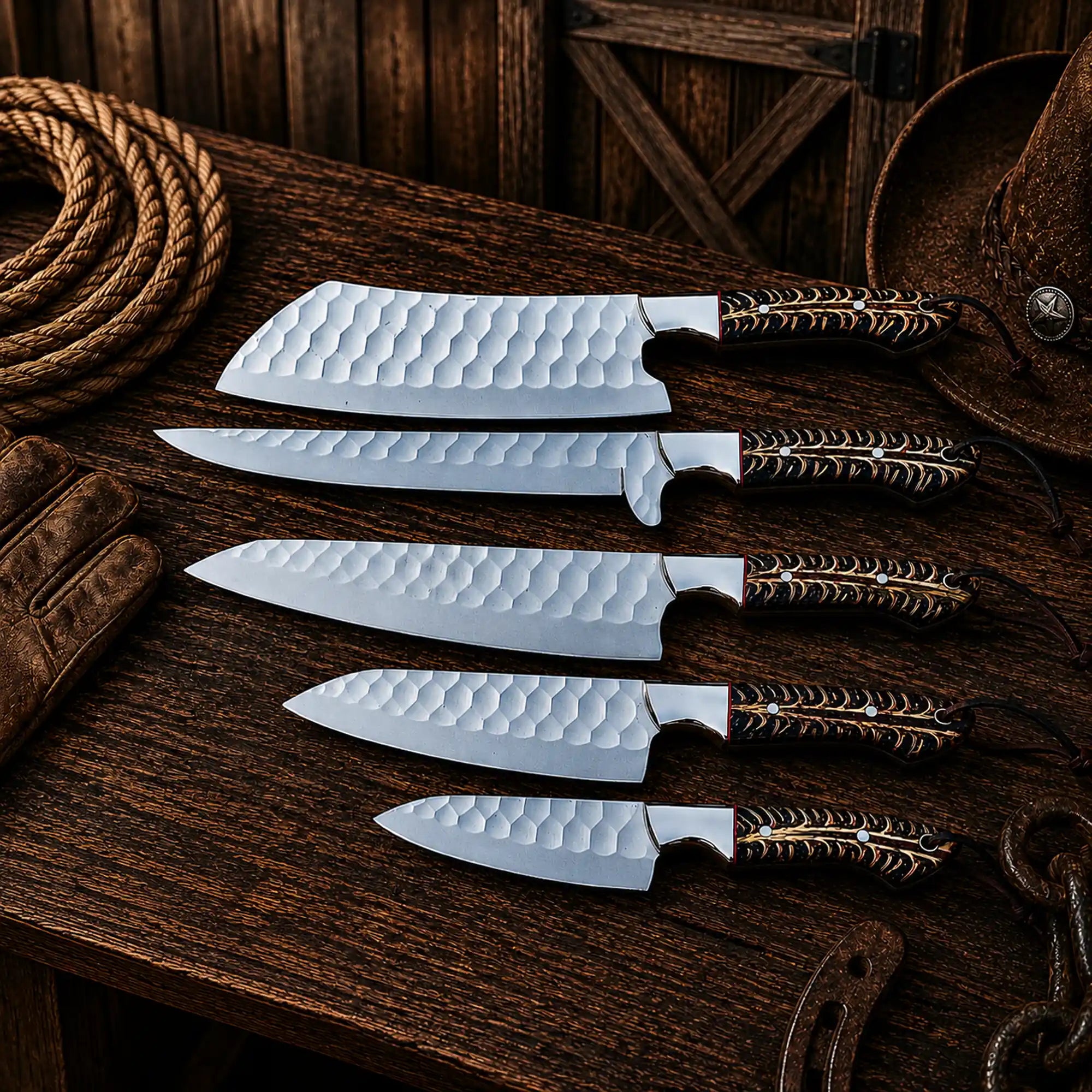 Cone Back Handles D2 Steel Chef Knife Set Leather Roll Kit