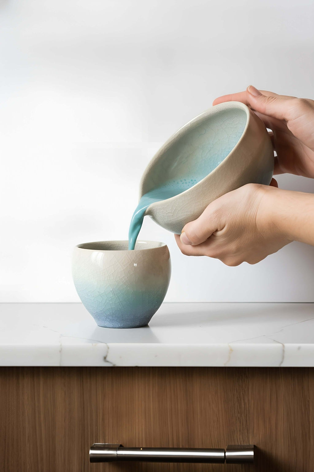 Handmade Ceramic Matcha Bowl with Spout & Matching Cup Set - Wine Drop Cookery LLC