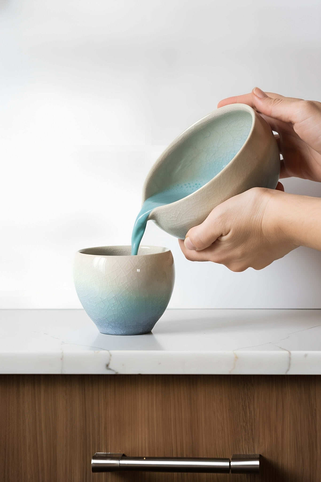 Handmade Ceramic Matcha Bowl with Spout & Matching Cup Set - Wine Drop Cookery LLC