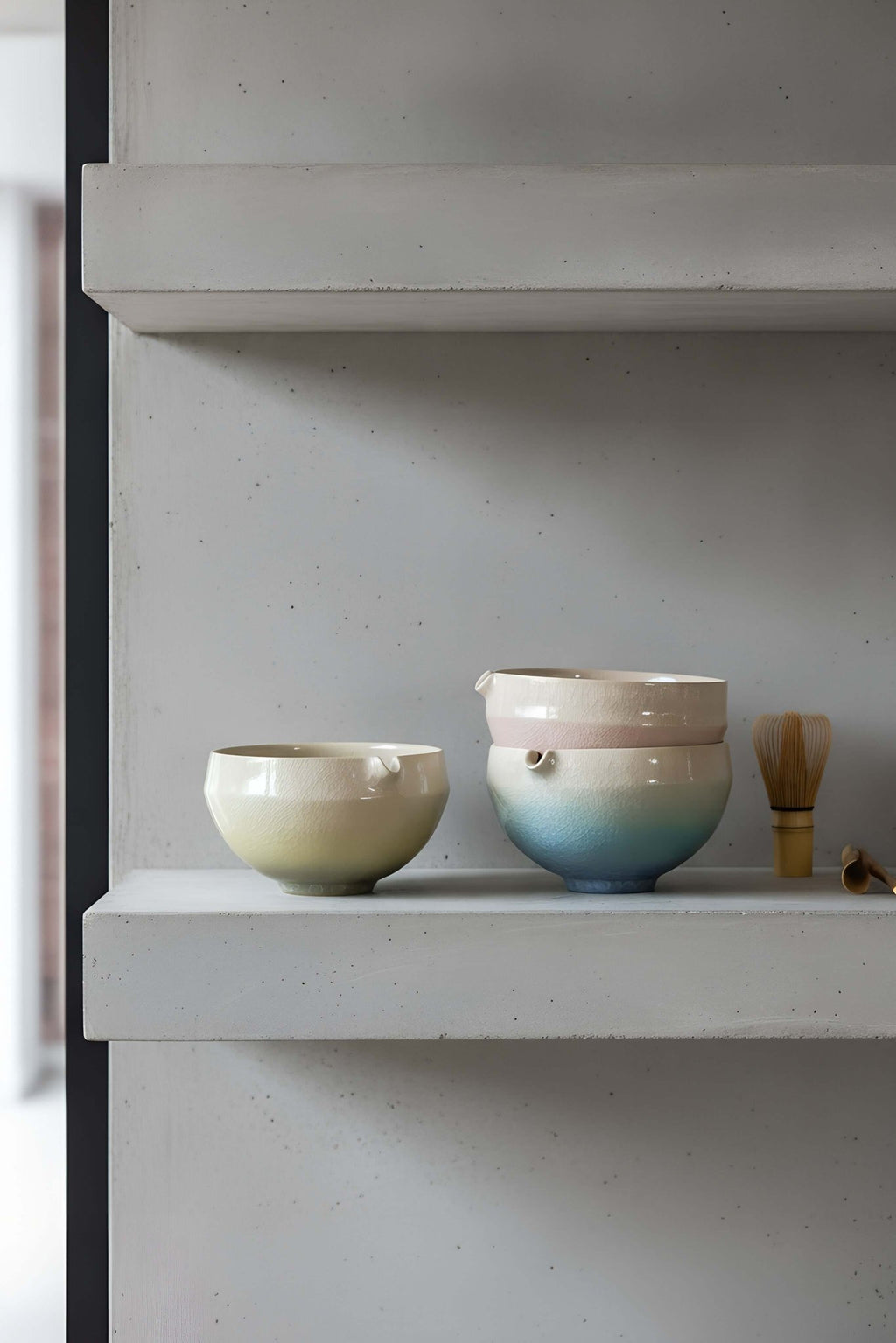 Handmade Ceramic Matcha Bowl with Spout & Matching Cup Set - Wine Drop Cookery LLC