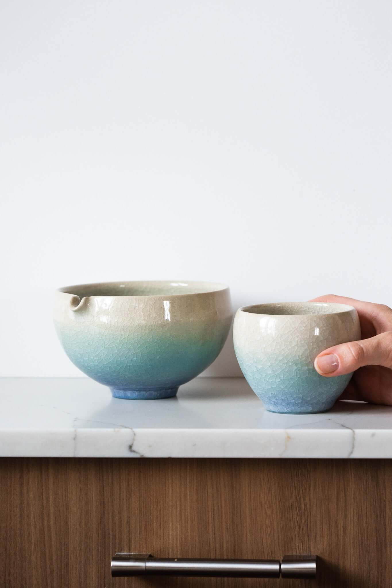Handmade Ceramic Matcha Bowl with Spout & Matching Cup Set - Wine Drop Cookery LLC