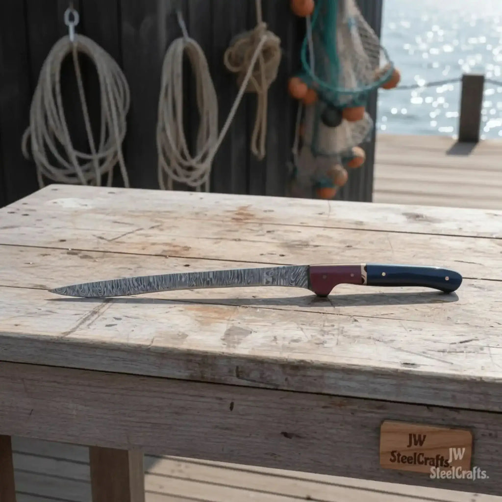 13-inch Damascus boning knife on a wooden table, showcasing the blue and red two-tone resin handle and detailed blade.