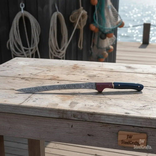 13-inch Damascus boning knife on a wooden table, showcasing the blue and red two-tone resin handle and detailed blade.