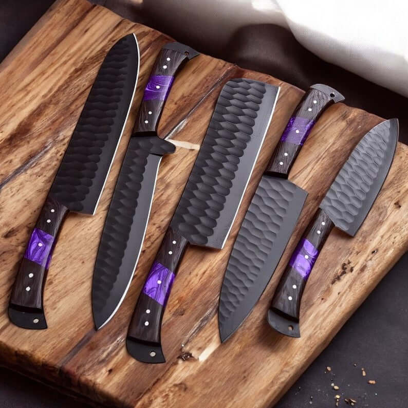 Handmade Damascus Kitchen Knives with Leather Roll - Wine Drop Cookery LLC