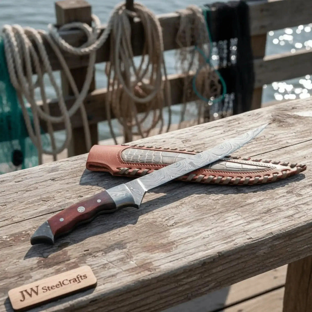 Handmade Damascus fillet knife displayed on a wooden surface with its leather sheath, perfect for fish cleaning.