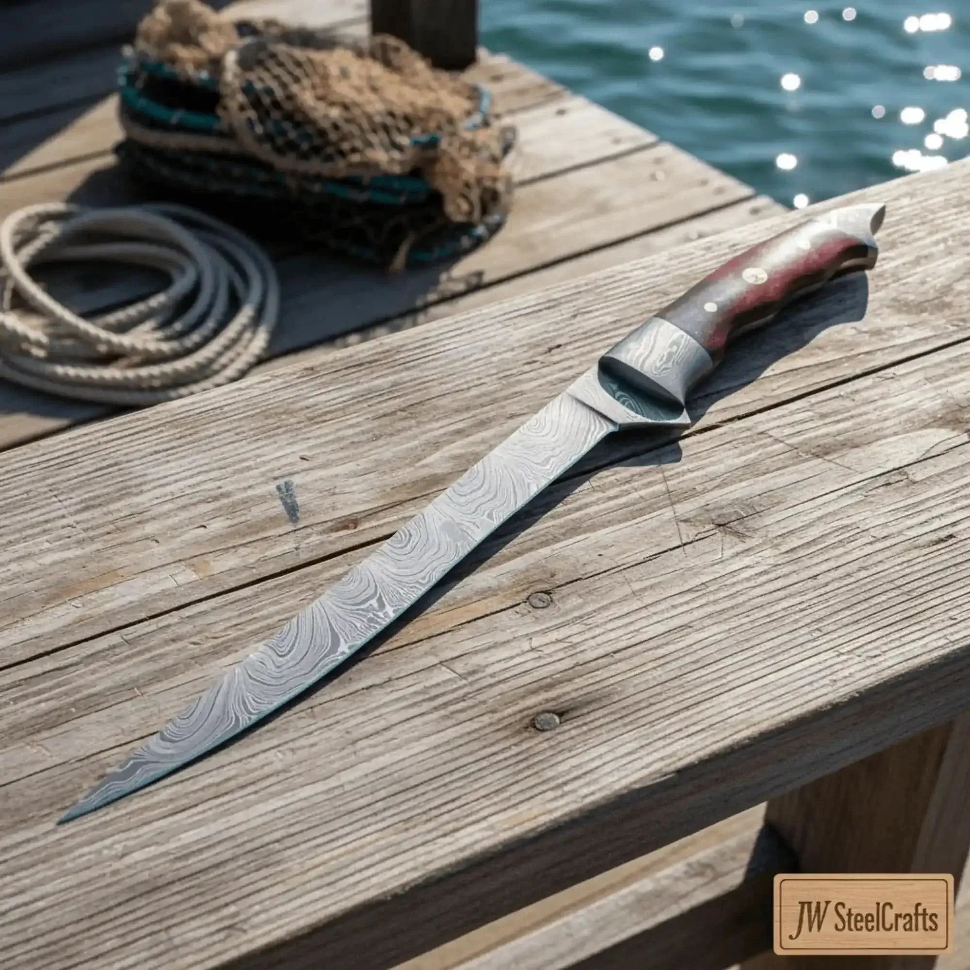 Handmade Damascus fillet knife resting on wooden surface by the water, showcasing its unique blade and hardwood handle.