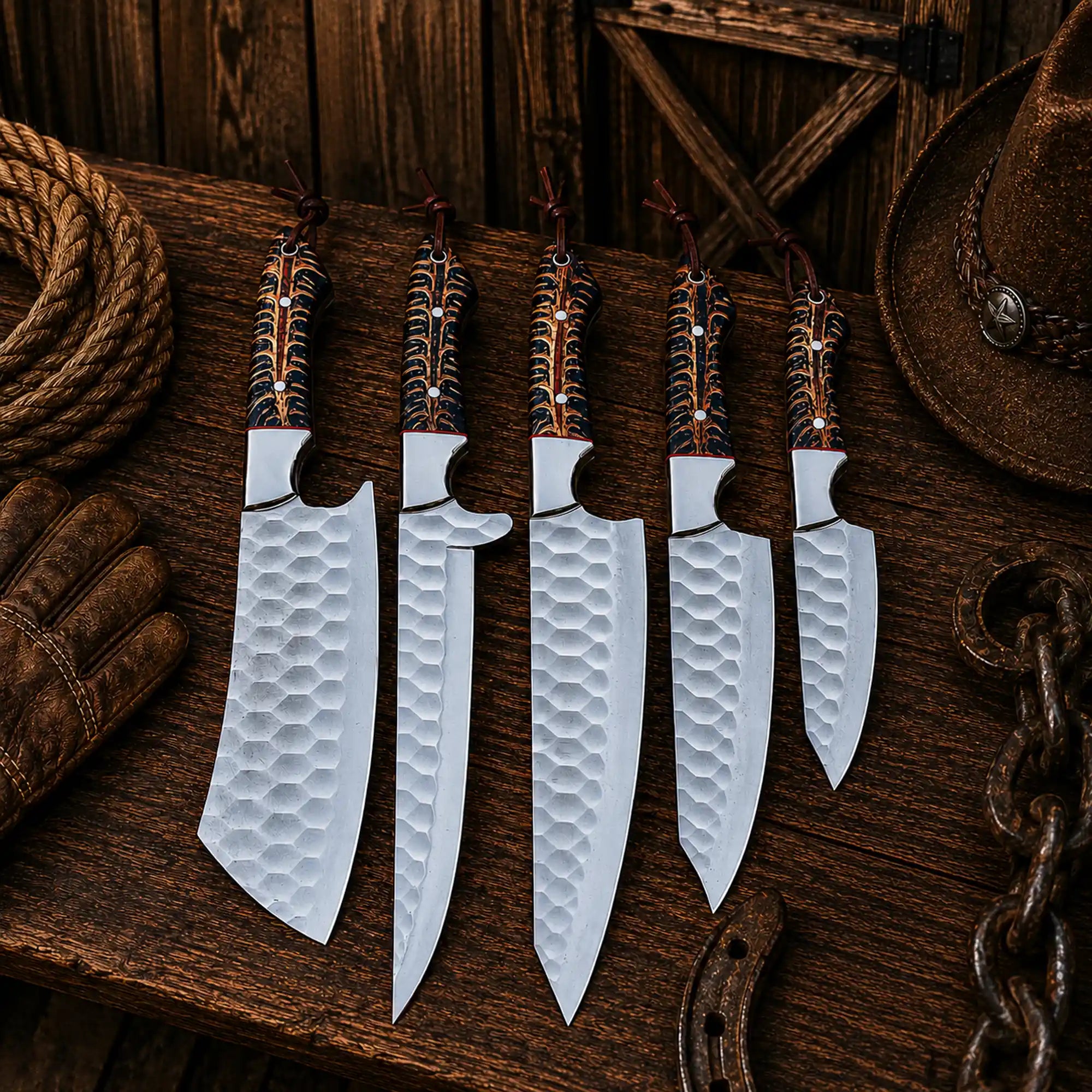 Cone Back Handles D2 Steel Chef Knife Set Leather Roll Kit