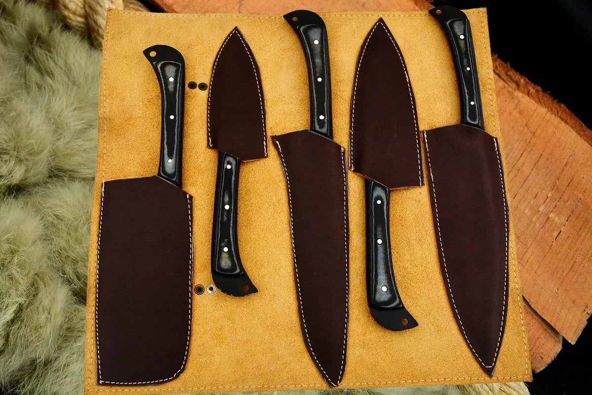 5-Piece Black 1095 Carbon Steel Chef Knife Set, Micarta Handles - Wine Drop Cookery LLC
