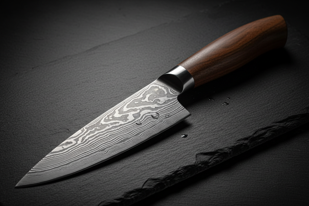 Damascus Kitchen Knife TD-211 with walnut wood handle on dark slate surface