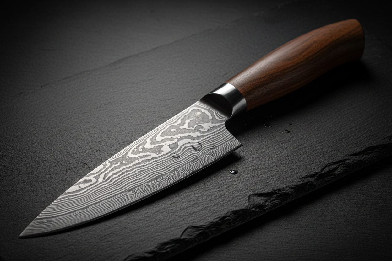 Damascus Kitchen Knife TD-211 with walnut wood handle on dark slate surface