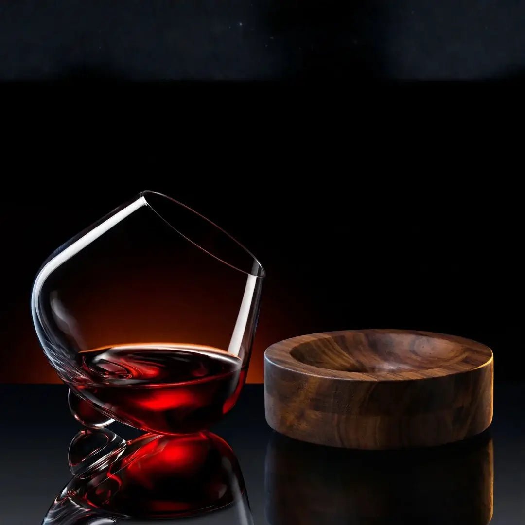 Kami Rotating Crystal Wine Glass & Wooden Coaster - Wine Drop Cookery LLC