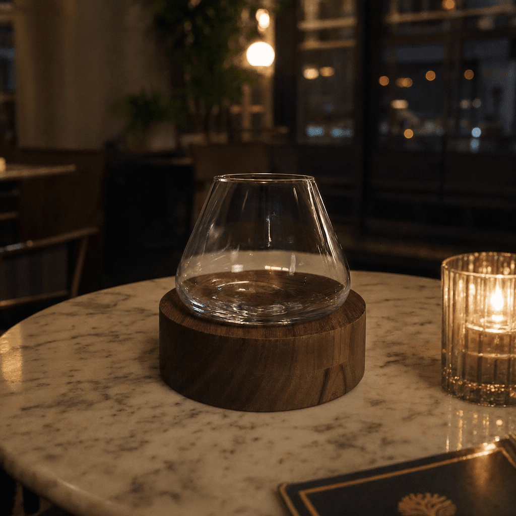 Kami Rotating Crystal Wine Glass & Wooden Coaster - Wine Drop Cookery LLC